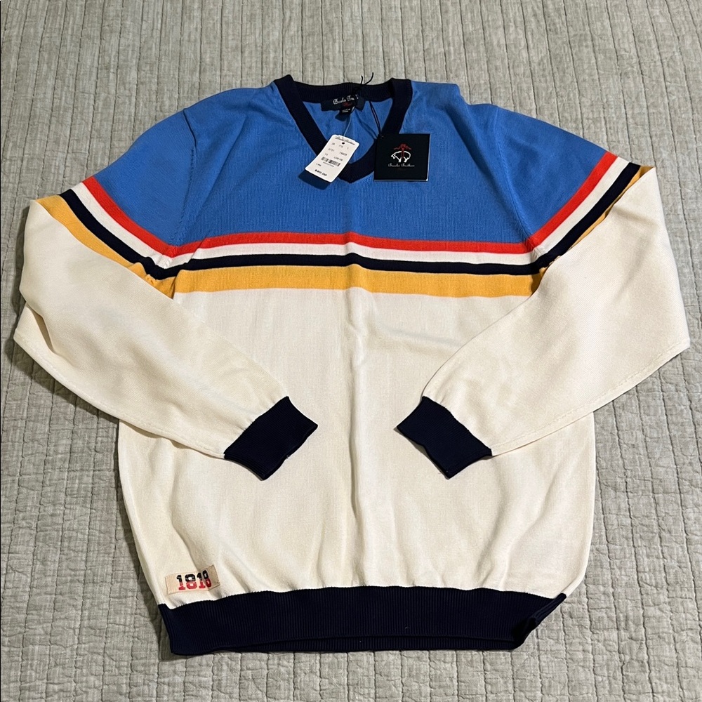 🔥🔥Brooks Brothers V-Neck Sweater in Blue, White, and Yellow
